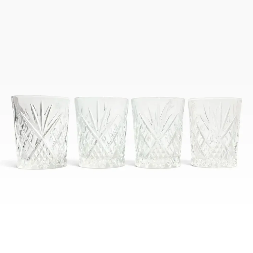 Vintage 4 Crystal Cocktail Old Fashioned Tumbler Glasses 4” 10oz Fan & X Cuts